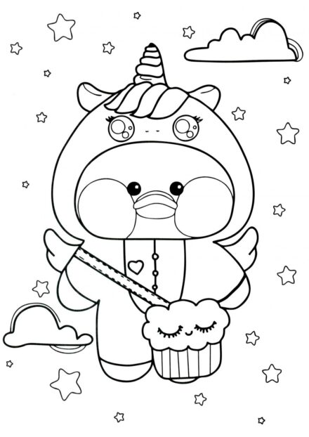 Lalafanfan Duck in a Unicorn Outfit Colouring Page