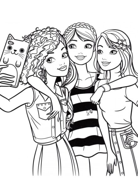 Barbie Taking Photos with Friends Colouring Page