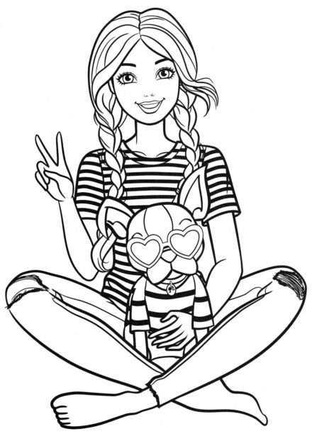 Barbie with a Dog in Striped Tops Colouring Page