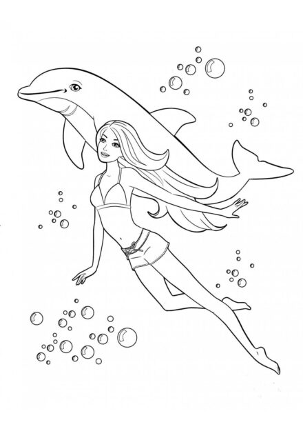 Barbie Swimming with a Dolphin Colouring Page