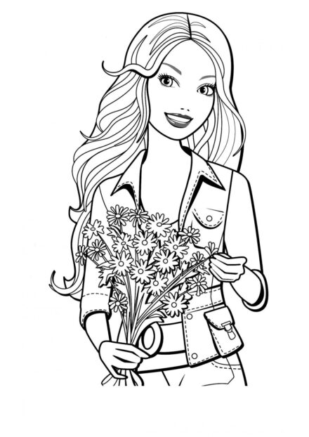 Barbie with a Bouquet of Daisies Colouring Page