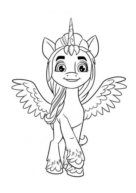 Colouring Page Pegasus with Golden Wings and Horn