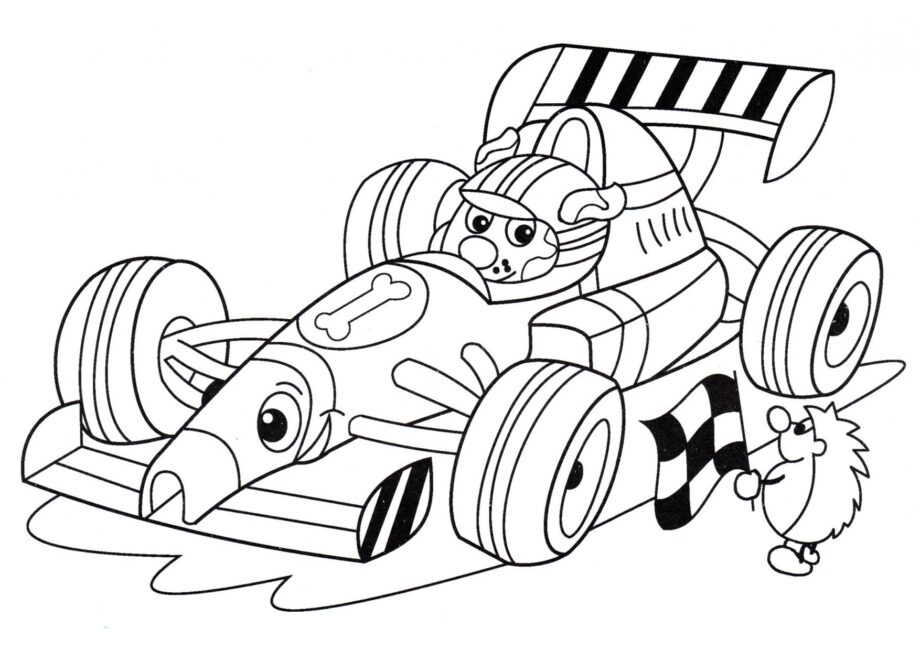 Colouring Page Dog Driving a Racing Car