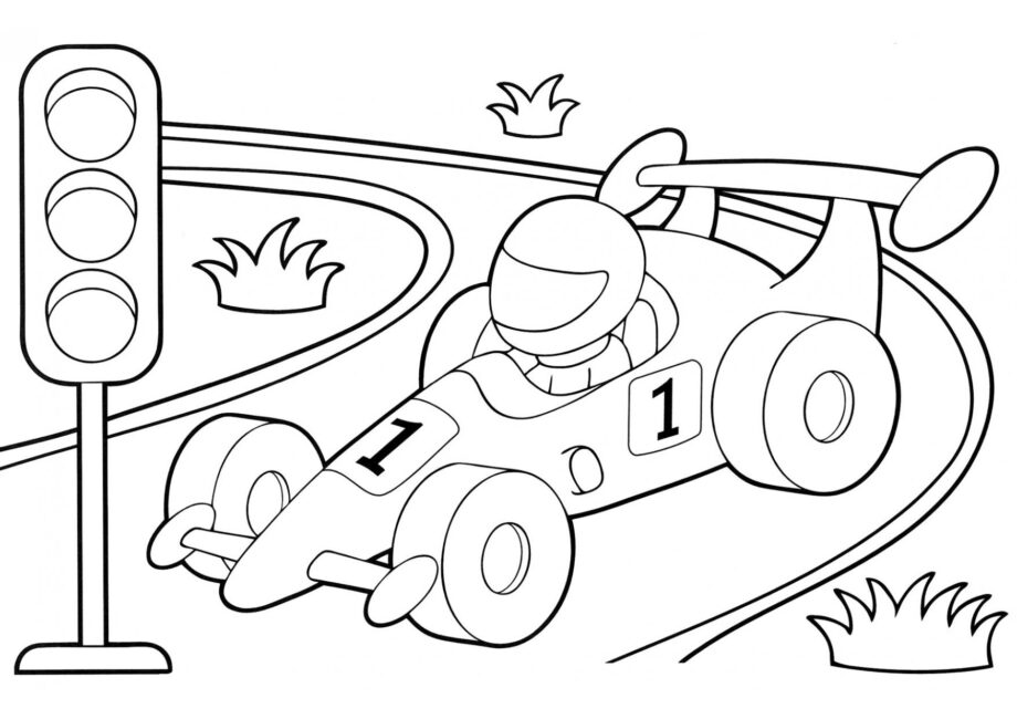 Colouring Page Racing Car and Traffic Light