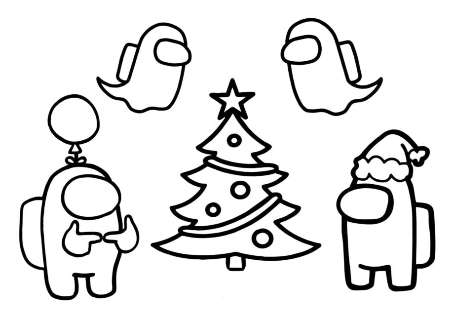 Among Us Colouring Page around the Christmas Tree