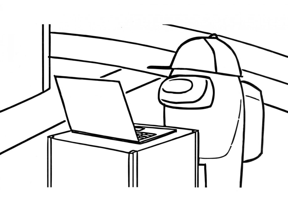 Among Us Colouring Page at the Laptop