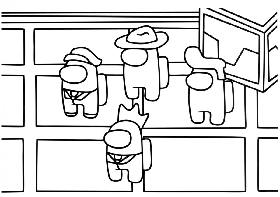 Among Us Colouring Page with Hats