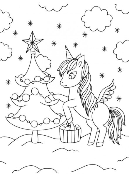 Colouring Page: Unicorn with a Christmas Tree