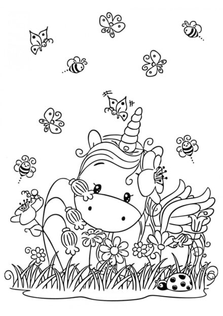 Colouring Page: Little Unicorn in a Meadow