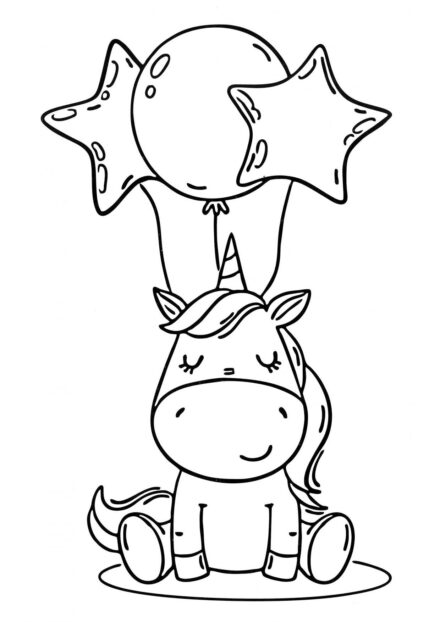 Colouring Page: Little Unicorn with Balloons