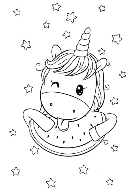 Colouring Page: Little Unicorn with a Watermelon