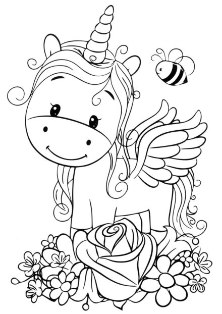 Colouring Page: Little Unicorn and Bee