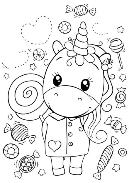 Colouring Page: Unicorn and a Mountain of Sweets