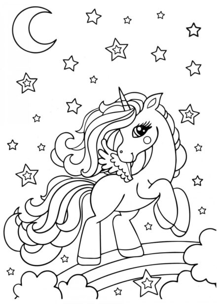 Colouring Page: Little Unicorn Running on a Rainbow