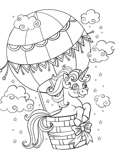 Colouring Page: Unicorn on a Hot Air Balloon