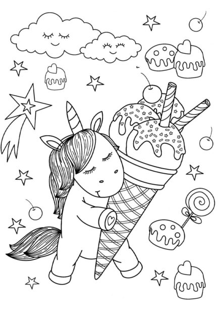 Colouring Page: Little Unicorn with Ice Cream