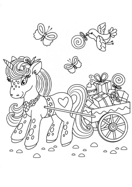 Colouring Page: Unicorn and Gift Cart