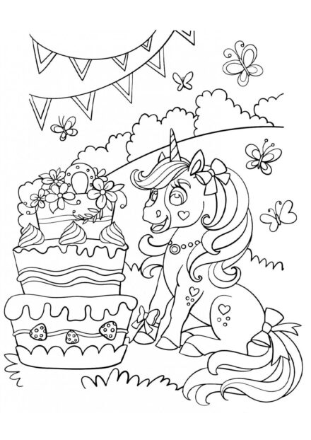 Colouring Page: Unicorn and Giant Cake