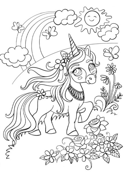 Colouring Page: Little Unicorn in a Clearing