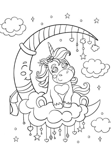 Colouring Page: Little Unicorn on the Moon