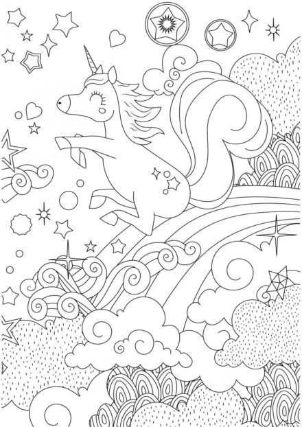 Colouring Page: Unicorn Galloping on a Rainbow