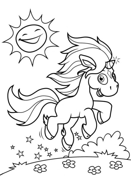 Colouring Page: Unicorn Galloping Through the Meadow