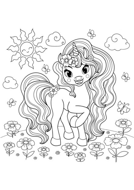 Colouring Page: Little Unicorn in a Flower Garden