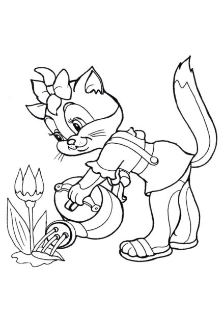 Colouring Page: Kitty Watering Flowers