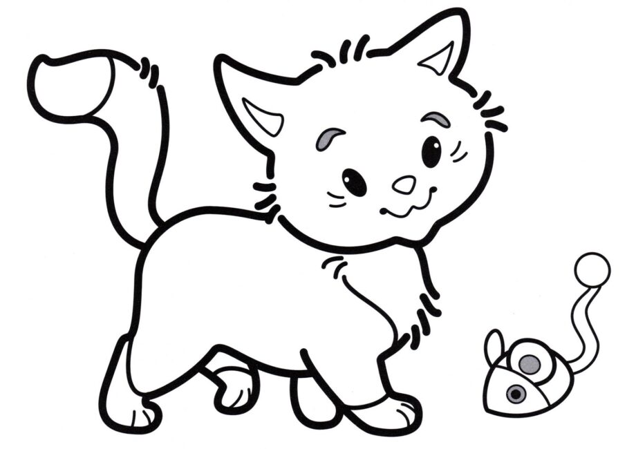 Colouring Page: Kitten Playing with Mouse