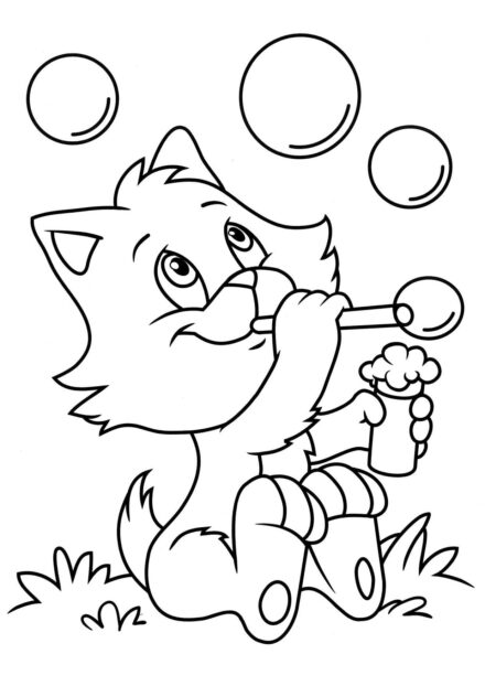 Colouring Page: Kitten and Soap Bubbles