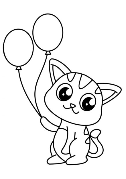 Colouring Page: Kitty Holding Balloons