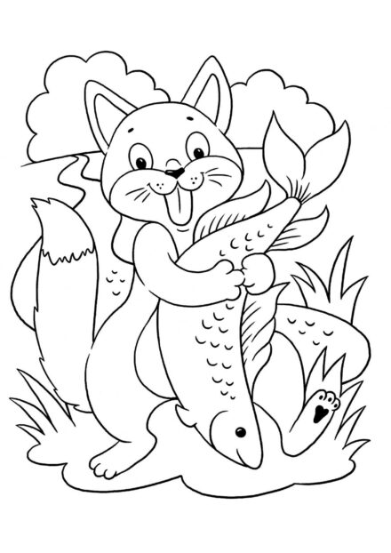 Colouring Page: Cat Holding a Pike