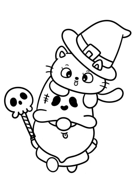 Colouring Page: Kitty in a Witch Costume