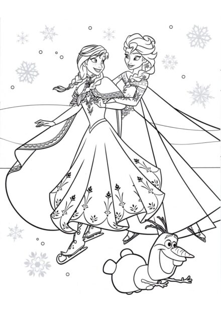 Colouring Page Elsa and Anna Ice Skating