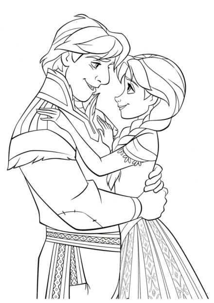 Colouring Page Anna and Kristoff Embrace