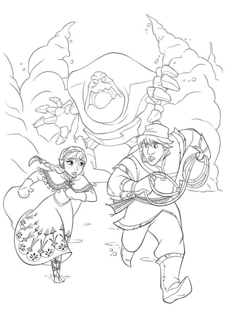 Colouring Page Anna and Kristoff Fleeing