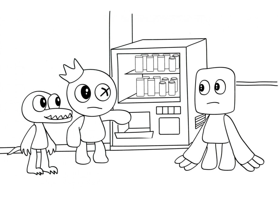 Colouring Page Friends Standing by an Arcade Machine