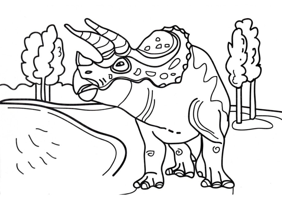 Colouring Page of Triceratops in the Forest