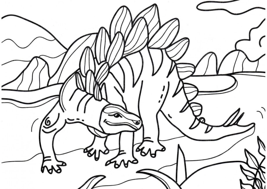 Colouring Page of Stegosaurus Searching for Food