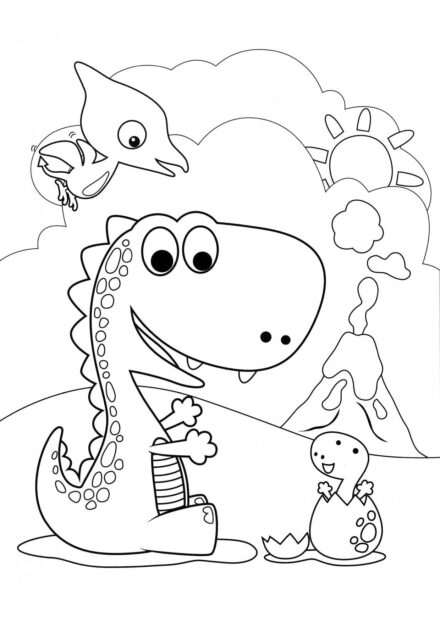 Colouring Page of Baby Dinosaurs by the Volcano