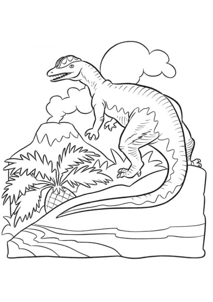 Colouring Page of Dilophosaurus at the Volcano