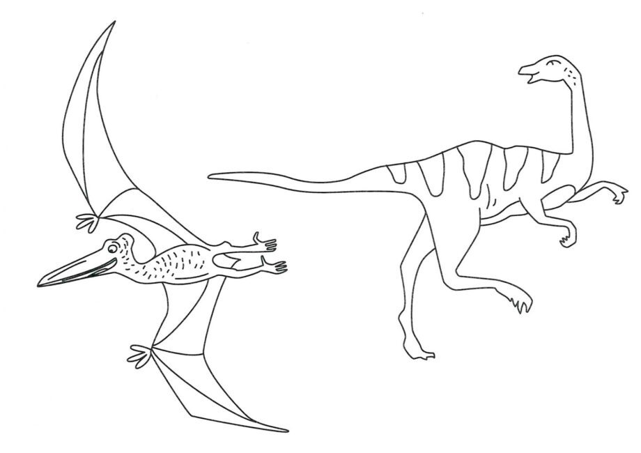 Colouring Page of Gallimimus and Pterodactyl