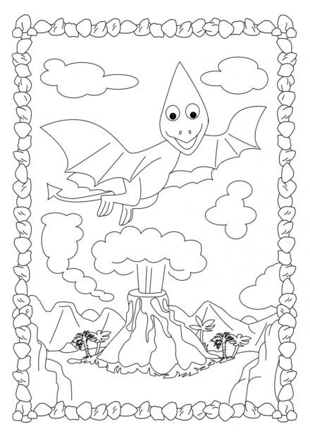 Colouring Page of Pterodactyl Flying over a Volcano