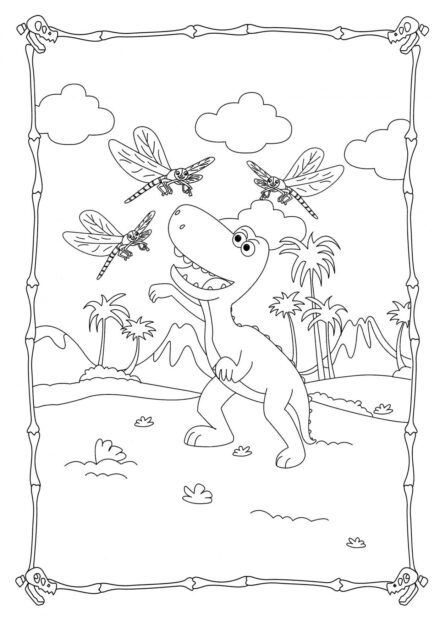 Colouring Page of Dinosaur Playing with Dragonflies