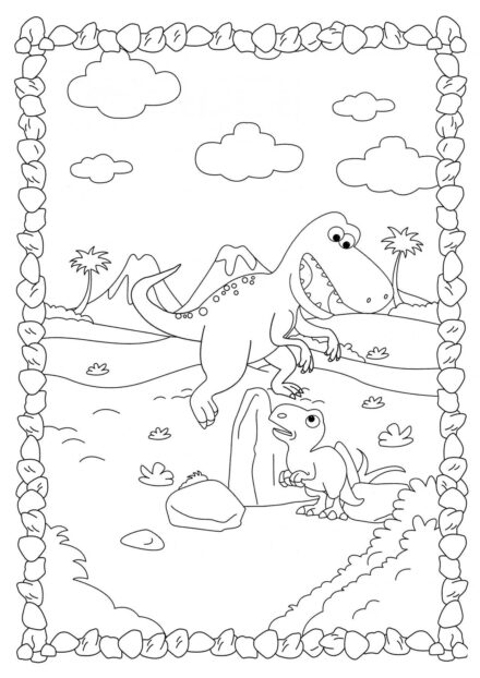 Colouring Page of Tyrannosaurus with a Chick