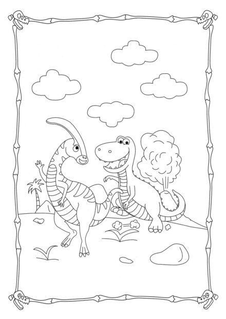 Colouring Page of Parasaurolophus Escaping from Tyrannosaurus