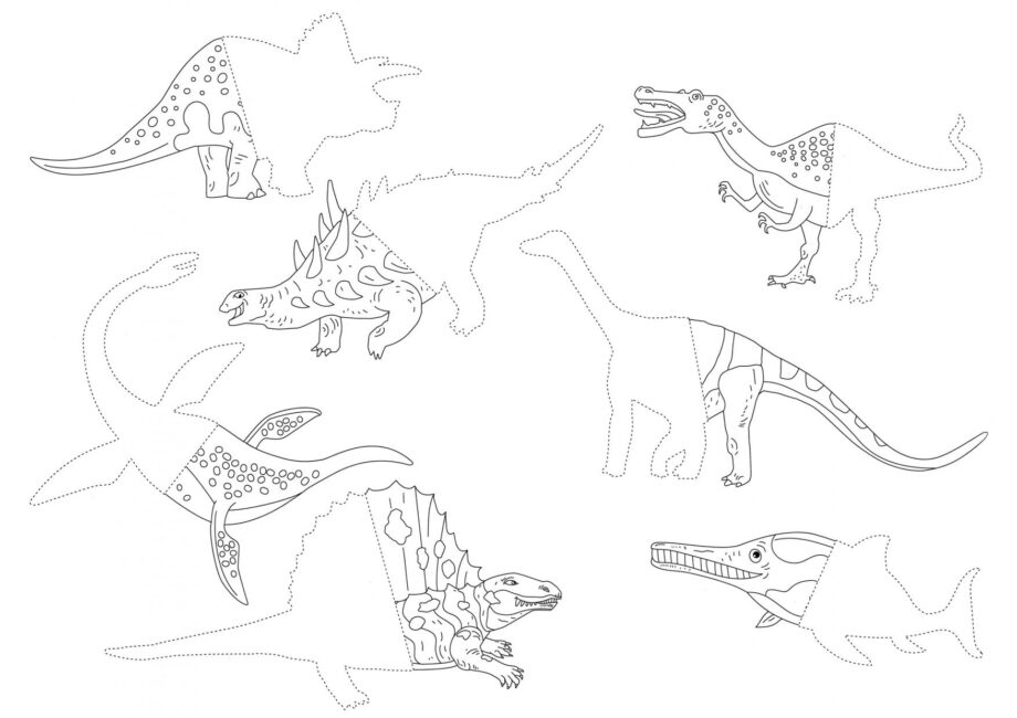 Colouring Page of Different Dinosaurs